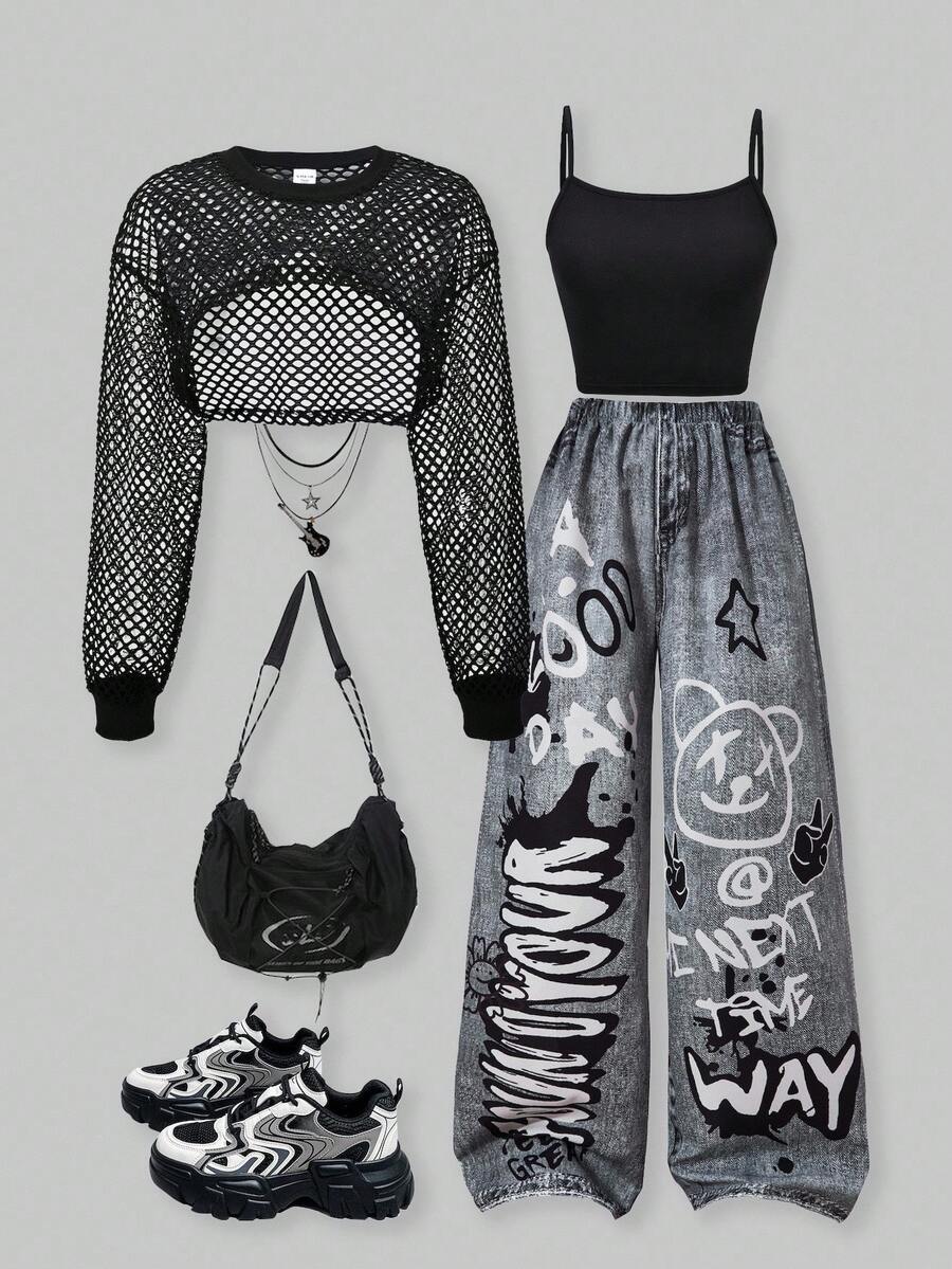 SHEIN ChillGRL Teen Girl 3pcs Set: Loose Street Style Denim Effect Pants, Crop Tank Top, Long Sleeve Hooded Mesh Sweatshirt - Fashionable - Black - View 1