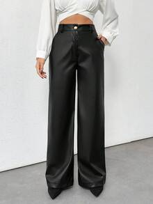 EURMUSE Gold Button Detailed Straight Fit Leather Pants - Black - View 7