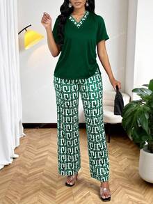 SHEIN Lady 女士休闲侧抽绳短袖上衣和印花长裤两件套，夏季 - 綠色 - 查看 6