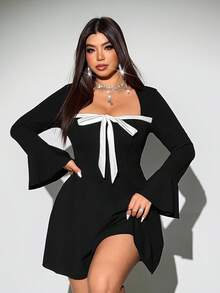 Viva Relle Váy nơ thời trang tay loe gợi cảm cỡ lớn cho nữ - Đen và trắng - Xem 1