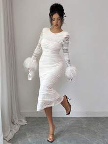 Modelyn Elegante vestido largo de cuello redondo con ribete de piel de imitación beige para mujer, para invierno - Albaricoque - Ver 7
