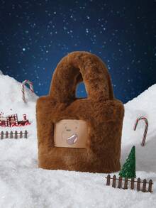 We Bare Bears X SHEIN Ladies Women Top Handle Bags,Crossboby Bags, Cute Cartoon Bear Pattern Faux Fur Plush Bag,Fashionable, Personalized, Simple, Versatile, Hot Girls, Y2k, Autumn And Winter - Brown - View 5