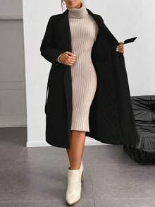 Juhart Plus Size Solid Color Minimalist Long Sleeve Overcoat, Everyday Wear - Black - View 6