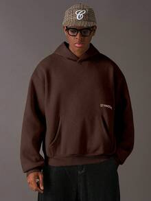 STYNVO 男士保暖内衬休闲字母图案宽松落肩连帽卫衣，秋季棕色连帽衫，棕色卫衣，棕色印花连帽衫，街头风棕色印花连帽衫 - 棕色 - 查看 4