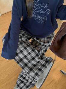 DAZY Damen Weite Hose mit Kordelzug in der Taille, lässig kariert, Herbst/Winter - Schwarz - Übersicht 3