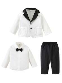 Baby Boy Gentleman Outfit Set, White Shirt,White And Black Blazer, Elastic Waist Pants Set, Suitable For Birthday Party, Evening Party, Performance, Wedding, Baby Shower, 1st Birthday Celebration Gentleman Suit Long Sleeve Jacket Formal Suit With Bowknot  New Years - Black and White - View 7