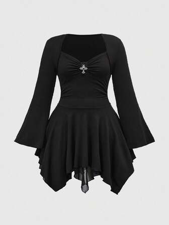Plus Size Gothic Cross Asymmetrical Hem Black Dress, Casual Gothic Style Minimalist Elegant Plus Size Women Dress, Autumn/Winter Simple Black Dress