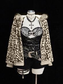 Sweetra Leopard Faux Fur Minimalist Hat & Short Vintage Casual Jacket - Beige - View 3