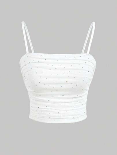 Girlism Tween Girls White Pleated Front Fitted Elegant Autumn Blouse, Sexy Party/Date Club Top, Sequin Camisole Top