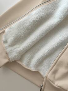 Elamini Women's Jacket, Winter Apricot Fleece Hoodie, Faux Fur Patchwork Contrast Color, Fur Collar, Embroidered Pockets - Apricot - View 6