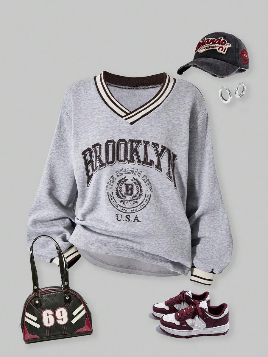 SHEIN Explorewe Sudadera casual con cuello en V y gráfico de letras para niñas preadolescentes, otoño - Gris - Ver 1