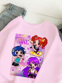 Tween Girls'light Purple K-POP Anime Cartoon Girl Portrait Pattern Sweatshirt,Cute Back-To-School Autumn School Thick Soft Long Sleeve Crew Neck - Multicolor - View 5