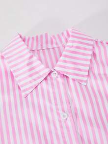 SHEIN ChillGRL Tween Girl 条纹印花长袖衬衫 + 白色吊带背心 + 字母印花阔腿牛仔裤 3 件套 - 彩色 - 查看 7