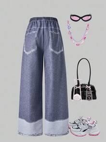 SHEIN Explorewe 青少年女孩休闲日常卡通字母印花松紧腰阔腿裤 - 彩色 - 查看 2