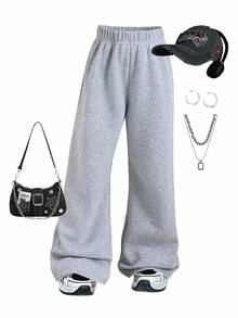 ChillGRL 1 件 Tween Girl 宽松灰色保暖内衬阔腿休闲运动裤，秋冬款