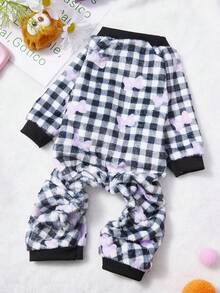 PETSIN 1pc Light Purple Bow Print Pet Jumpsuit Black And White Checkered Autumn And Winter Flannel Warm And Comfortable Pet Warm Clothes