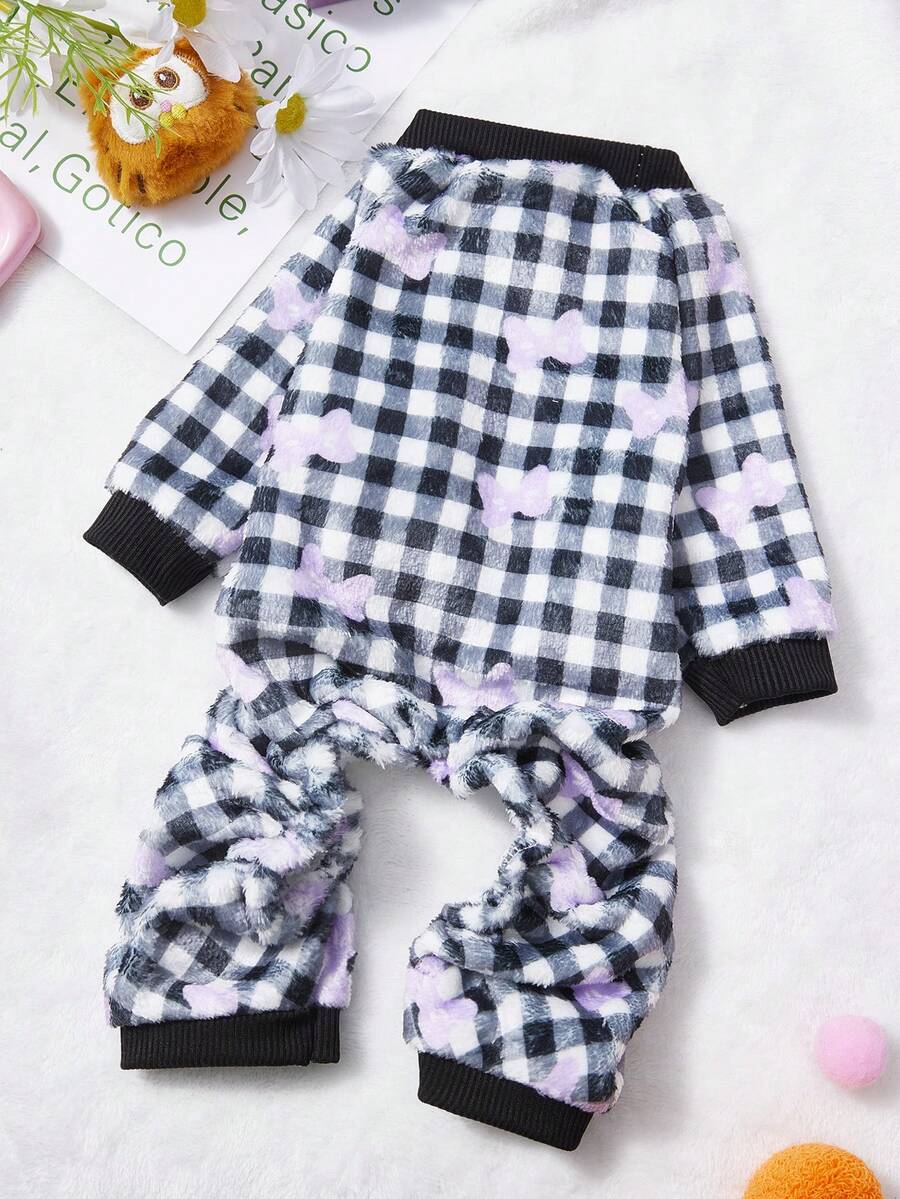 PETSIN 1pc Light Purple Bow Print Pet Jumpsuit Black And White Checkered Autumn And Winter Flannel Warm And Comfortable Pet Warm Clothes