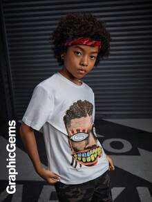 SHEIN Coolqubz Tween Boy Casual Fashion Printed Round Neck Knit T-Shirt - White - View 4