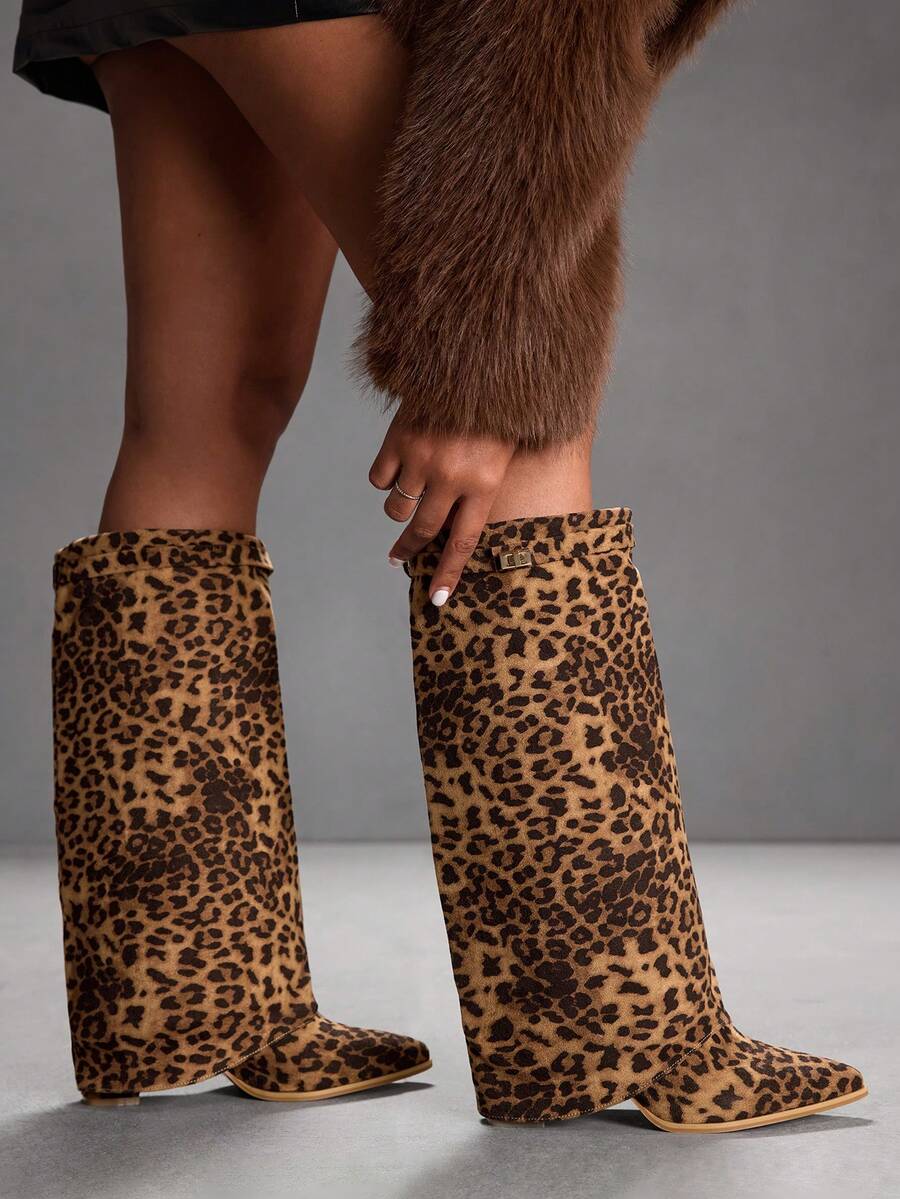 CUCCOO SZL Women's Pointed Toe Leopard Print Fashionable Everyday Versatile High Heel Knee-High Boots For Christmas - Camel - View 1