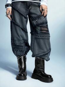 ROMWE Grunge Punk 时尚通勤铆钉装饰厚底踝靴 - 黑色 - 查看 8