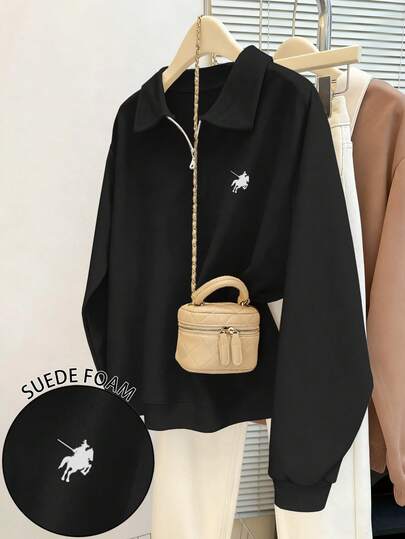 Resyla Ridsportlogotyptryck Moderiktig nedfällbar krage med dragkedja Långärmad lös passform, Marinblå, Höst