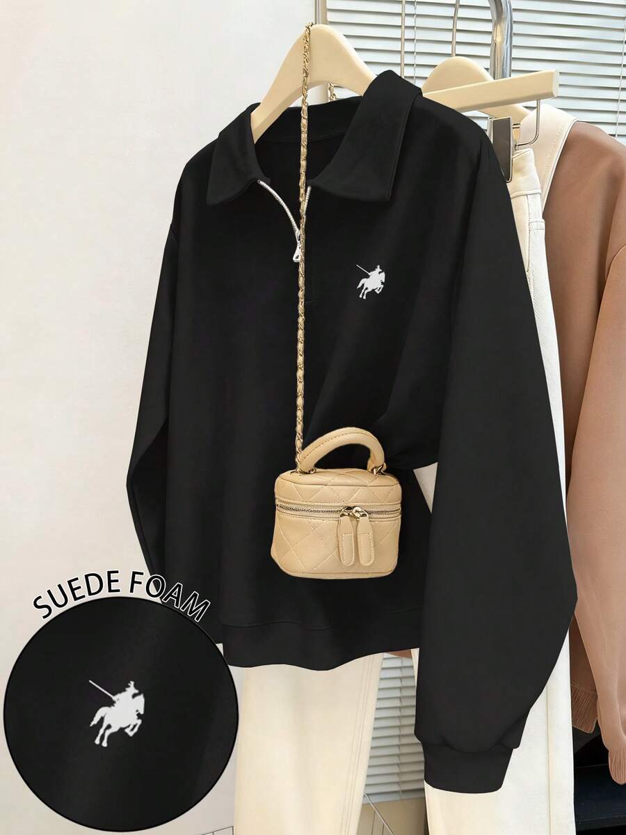 Resyla 马术图案印花时尚翻领拉链长袖宽松卫衣，海军蓝，秋季 - 黑色 - 查看 1