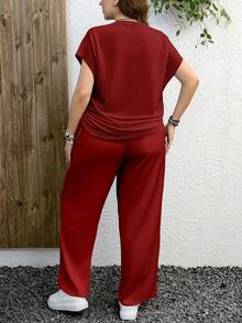 EMERY ROSE Conjunto informal de 2 piezas de color rojo sólido talla grande, adecuado para otoño/invierno y Año Nuevo - Rojo - Ver 2