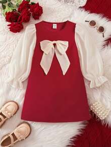 SHEIN فستان أنيق طويل الأكمام مصنوع من الصوف الأحمر للفتيات الصغيرات - متعدد الألوان - مشاهدة 6