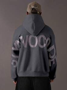 STYNVO Áo hoodie nam tay dài vai rớt, in chữ thời trang, màu xám phong cách Y2K, dáng rộng, kiểu đường phố, thể thao, lót giữ nhiệt. - Xám - Xem 6