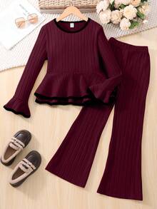 Sparklyn Girls' Spring/Autumn Flare Sleeve Top And Pants Casual Street Fashion Suit - Burgundy - View 1