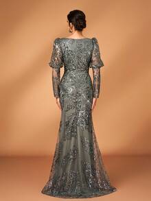 Serin 优雅奢华的串珠、亮片和刺绣网纱泡泡袖V领鱼尾连衣裙，适合婚礼、派对、度假、盛会、节日、新娘、新娘母亲晚礼服等场合。