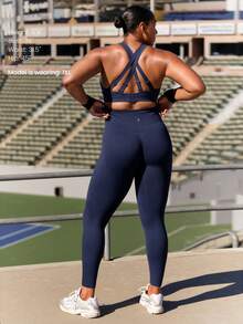 GLOWMODE 24英寸加大码无缝紧身裤，收腹提臀高腰设计，中等强度跑步慢跑训练健身房锻炼 - Dark Blue - 查看 9