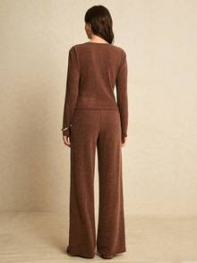 Poéselle 女士纯色简约长袖上衣和裤子两件套，休闲日常穿着 - 棕色 - 查看 7