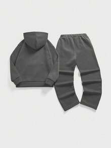 SHEIN Coolqubz 2件套图案连帽衫和运动裤套装，适合青少年男孩 - 深灰色 - 查看 2