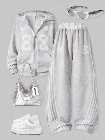 SHEIN ChillGRL 2pcs Girls Casual Outfit: Hooded Long Sleeve Jacket With Printed & Striped Sleeves, Paired With Loose Straight Leg Pants, Suitable For Leisure & Sports