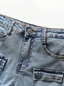Quần jeans cargo dáng slim fit, rách rưới, nhiều túi, chun co giãn, phong cách đường phố cổ điển dành cho bé trai tuổi teen, đi học, sinh viên, phong cách thời trang thu đông. - Đồng - Xem 6