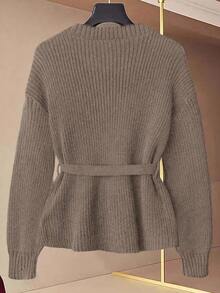 GlowEve 新款女士V领开衫，欧美风撞色优雅简约时尚针织上衣 - 卡其色 - 查看 2