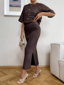 EURMUSE Thickened Cardigan And Skirt Set With Metal Buttons - Brown - View 3