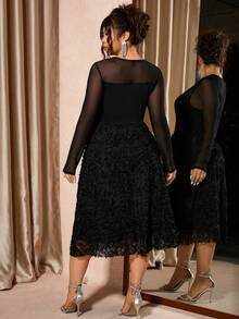 Cravure Plus Size Women Crew Neck Long Sleeve 3D Floral Mesh Hem Elegant Dress - Black - View 2