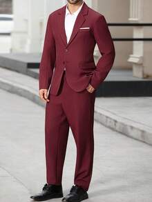 Manfinity Bizformal 商务休闲修身精致酒红色男士西装套装 - 酒紅色 - 查看 5