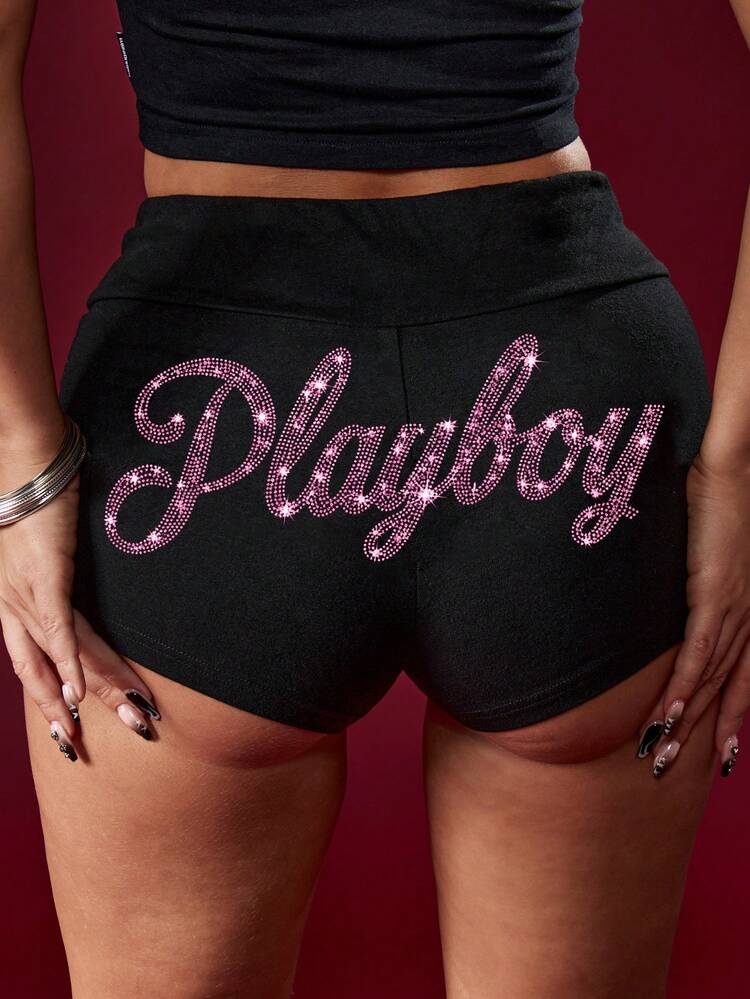 Missguided x Playboy Hotpants mit Strass-Verzierung und Schrift-Detail, Sommer Festival Shorts für lässiges Wochenend-Outfit