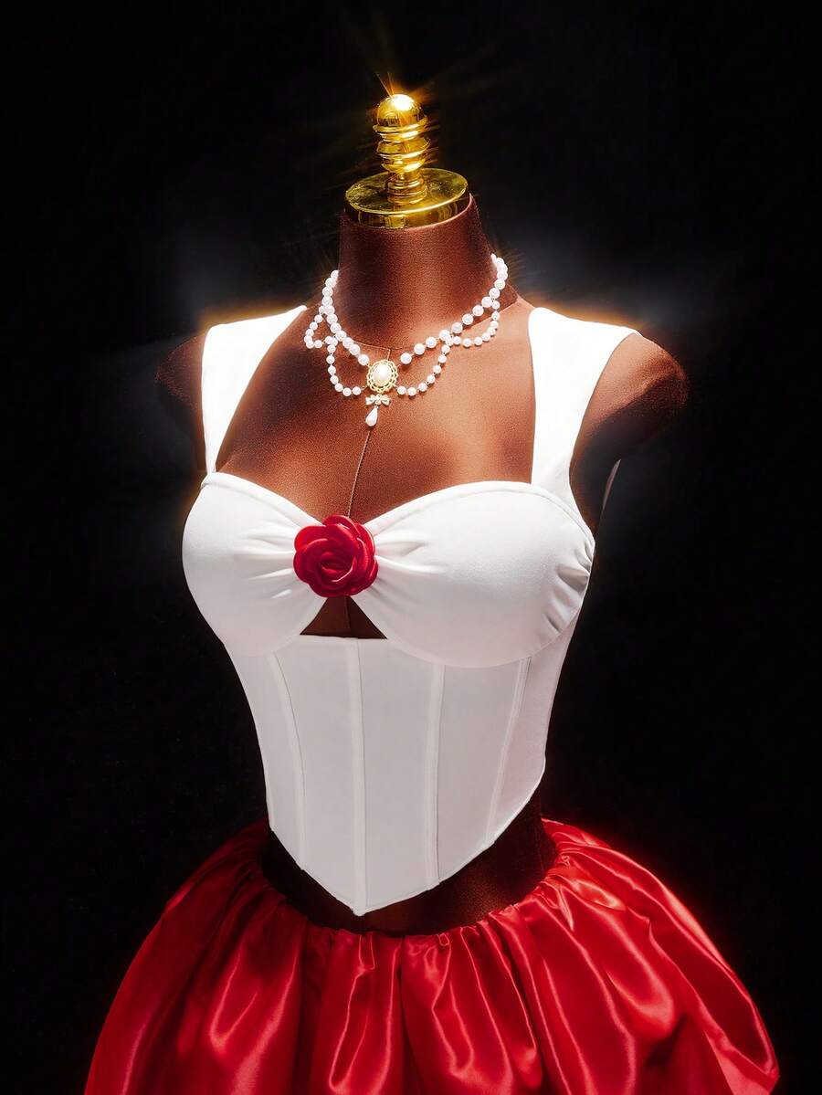 Amplova Y2k Women's White And Red Colorblock Floral Decor Sleeveless Casual Top, Cherry Vacation Valentine's Day White Floral,Summer,Elegant,Wedding Guest - White - View 1