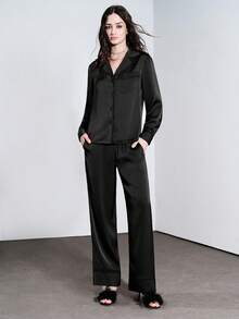 Lumivelle Women's Fashion Contrast Trim Lapel Long Sleeve Top + Casual Elastic Waist Contrast Trim Wide Leg Pants 2 Pieces Set Satin Shirt Black Blouses Lace Trim Pajama Style - Black - View 3