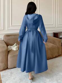 Modelyn Women's Casual Hooded Drawstring Waist Fitted Flared Gray Sweatshirt, Autumn/Winter - Blue - View 2