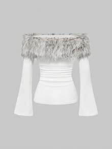 ROMWE Grunge Punk Y2K 时尚雪豹毛十字标语印花修身露肩T恤 - 白色 - 查看 2