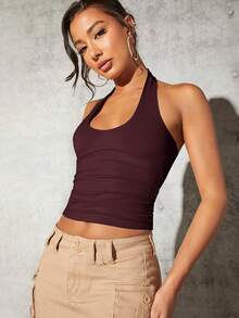 SHEIN BAE Top Ajustada Casual Feminina de Cor Sólida com Decote Halter e Costas Abertas - bordô - Visão 6