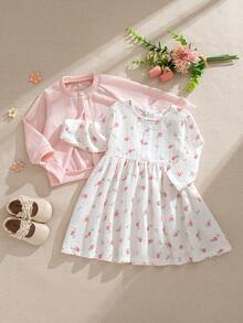 Souflis 2pcs Baby Girls' Ditsy Floral Sweater Jacket And Dress Set, Spring/Autumn - Baby Pink - View 1