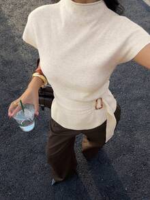 Siren Gaze Women's Versatile Cream Waist Belt For Women Featuring A Stylish Gold Statement Buckle Stand Collar Batwing Short Sleeve Waist Metal Design Casual Knit Top Buckle Top Summer Tops Women Summer Outfits Spring Break Outfits Going Out Tops For Women - Apricot - View 3