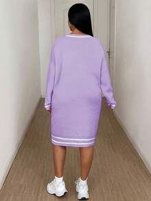 Maweii 大码女式V领落肩长袖字母休闲宽松针织毛衣连衣裙，秋冬款 - 彩色 - 查看 2