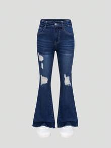 SHEIN ChillGRL Tween Girl Pre-Washed Ripped Flared Elastic Denim Jeans - Dark Wash - View 7